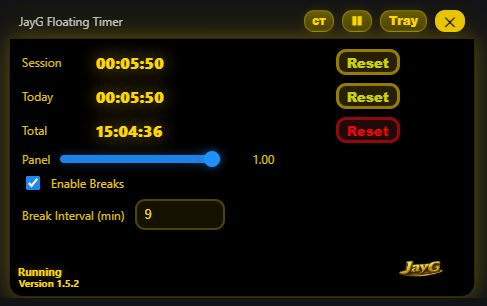 JayG Floating Timer version 1.5.2 main timer view